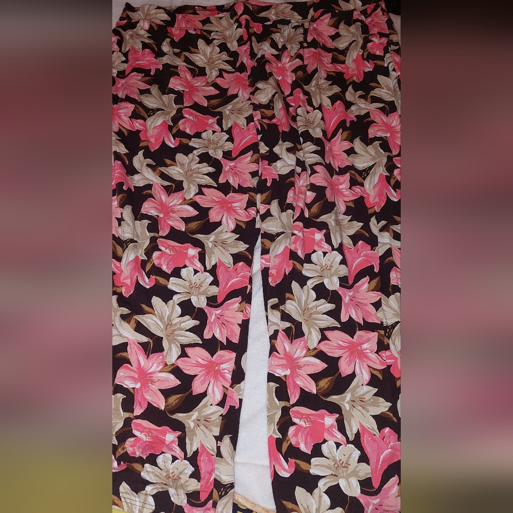 Denim And Co Beach Floral Print Pants with Pink and Cream Flowers 3x